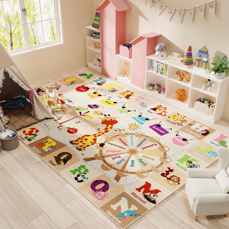 B BENRON Kids Rugs for Playroom Washable, Educational and Fun Learning Rugs with ABC Alphabet Animals Shapes, Baby Toddler Children's Play Mat for Bedroom Classroom Nursery, 3x5 Feet, Beige and Pink - Image 1